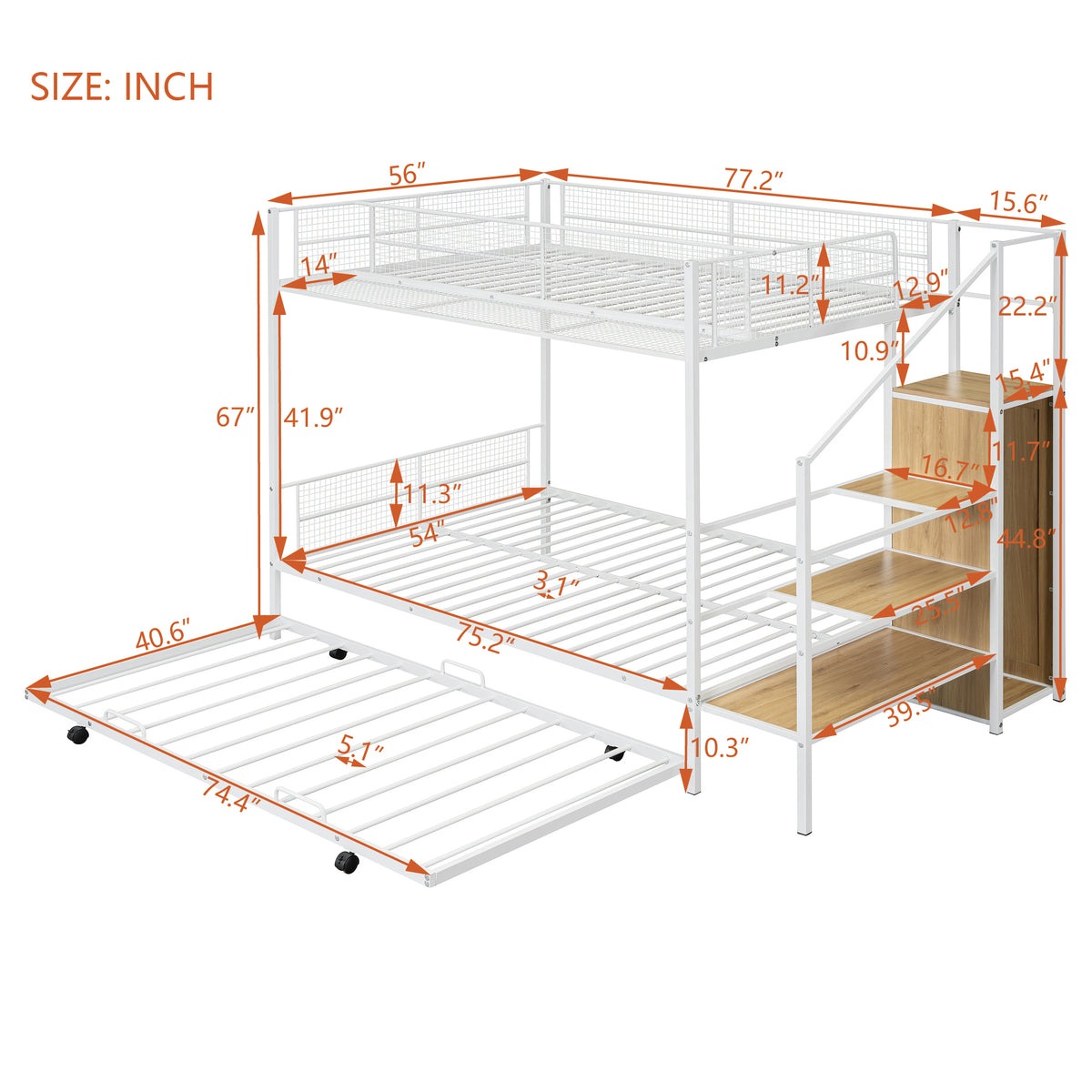 Twin Over Full Metal Bunk Bed With Trundle And Lateral Storage Ladder And Wardrobe, White White Metal