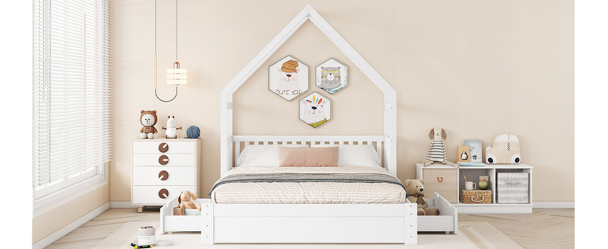 Wood Queen Size House Platform Bed With Guardrail And 2 Drawers, White Box Spring Not Required Queen White Wood Bedroom Bed Frame Solid Wood Mdf