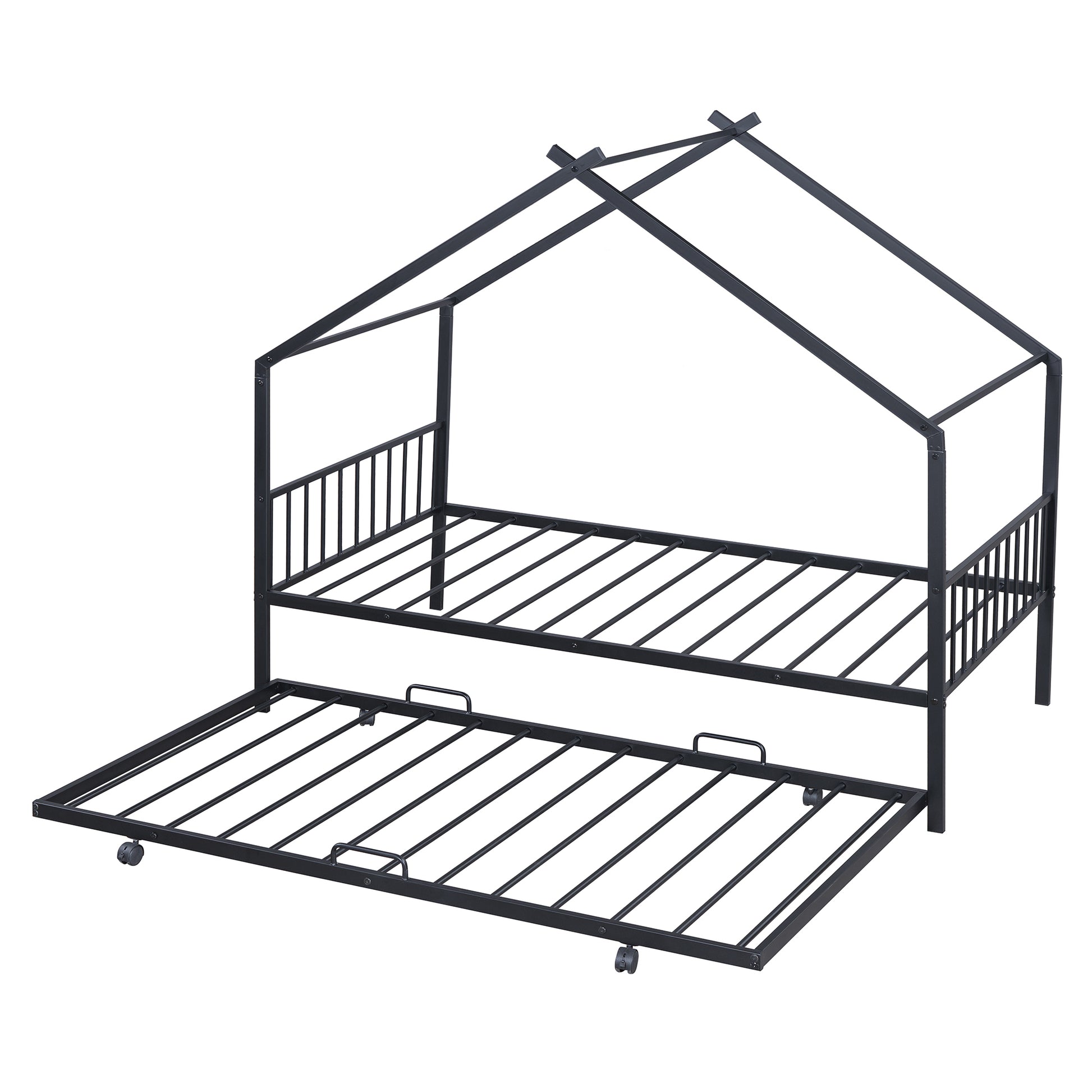 Twin Size Metal House Bed With Twin Size Trundle, Black Twin Black Metal
