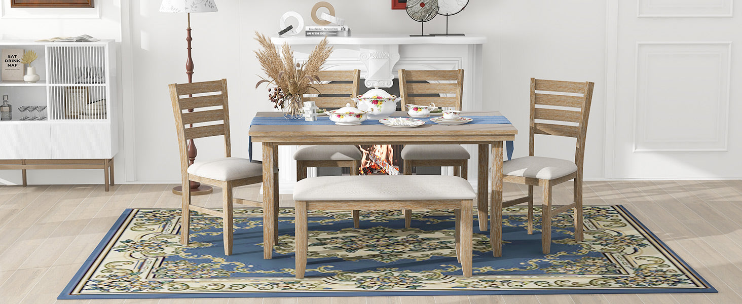 Dining Room Table And Chairs With Bench, Rustic Wood Dining Set, Set Of 6 Natural Wood Wash Natural Wood Wash Solid Wood