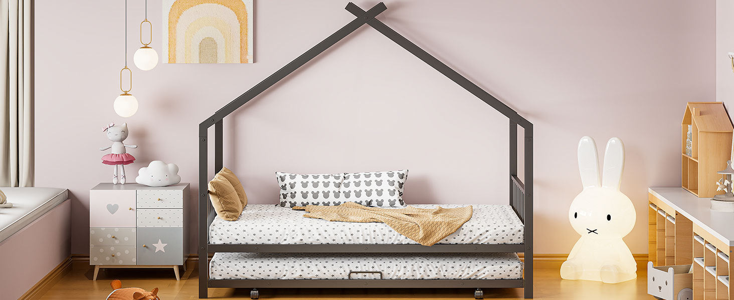 Twin Size Metal House Bed With Twin Size Trundle, Black Twin Black Metal