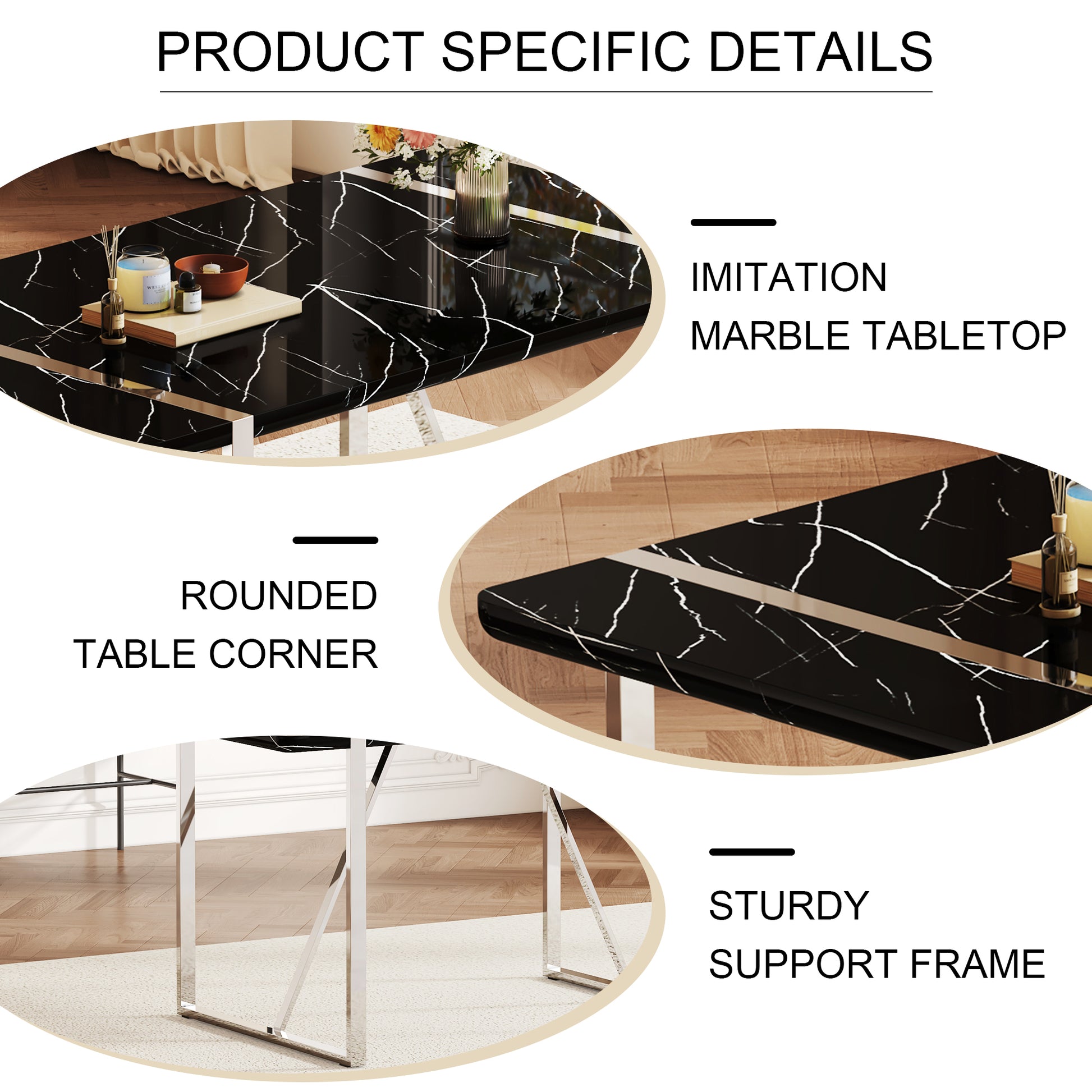 Table And Chair Set.A Rustic Industrial Rectangular Mdf Black Dining Table With Mdf Desktop And Electroplated Silver Metal Legs.Paried With 6 Chairs With Pu Cushion And Metal Legs. White Black Seats 6 Mdf Metal