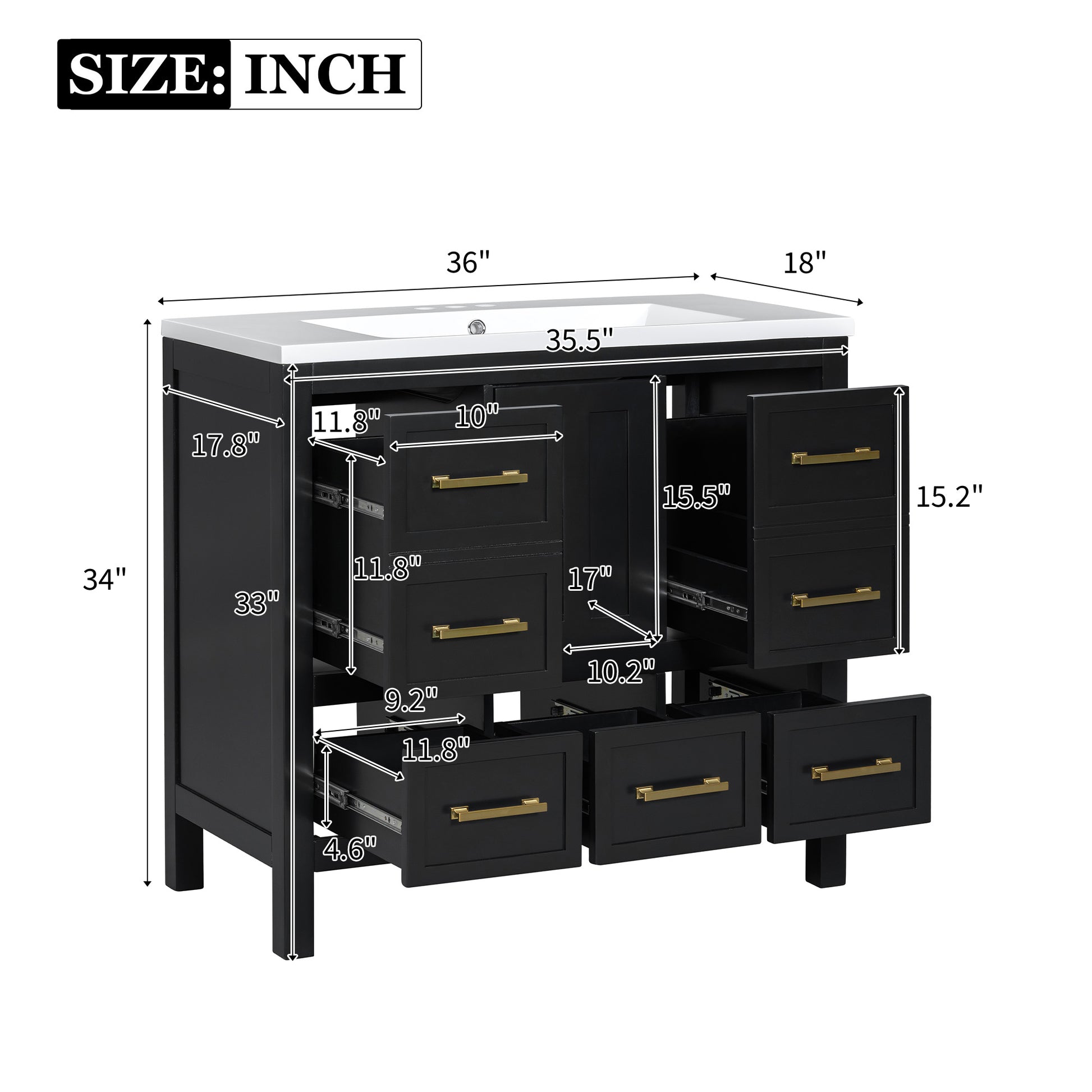 36'' Bathroom Vanity With Resin Sink Combo, Solid Wood Frame Bathroom Storage Cabinet, Freestanding Vanity Set With 5 Drawers& Soft Closing Doors Same As Sw000142Aab Black Bathroom Solid Wood Mdf Resin