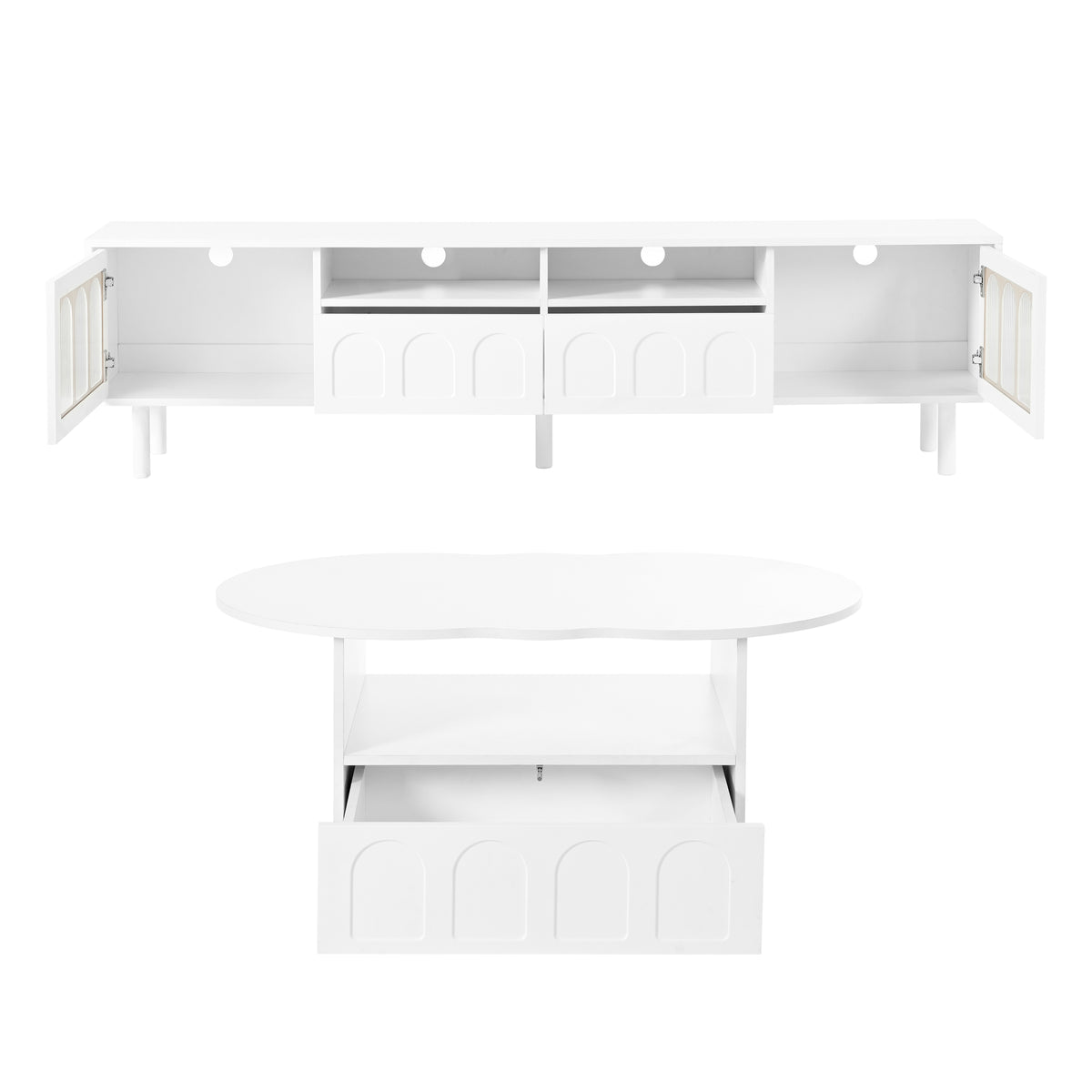 Cream Style Tv Stand And Coffee Table Set Of 2, Led Light Strip Tv Stand For Tvs Up To 80'', Cloud Top Coffee Table With 2 Brake Wheels For Living Room, White White 80 89 Inches Particle Board