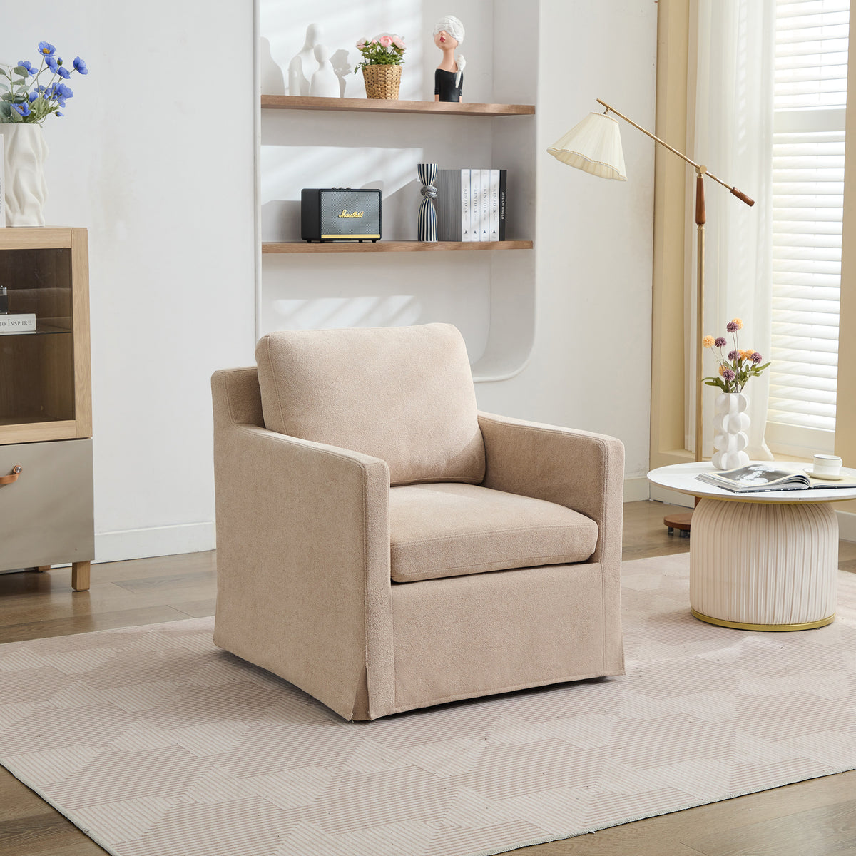 29.92'' Swivel Accent Chair, Upholstered Skirted Swivel Chair With Removable Back Cushion, 360 Degree Comfy Armchair For Living Room, Nursery, Lounge,Office,Wheat Chenille Wheat Chenille