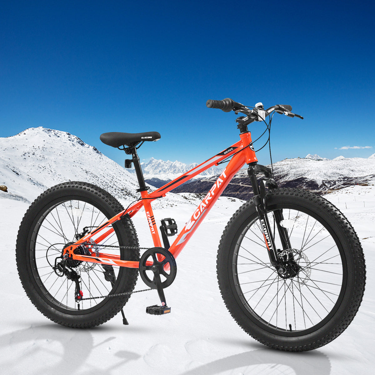 S24109 Elecony 24 Inch Fat Tire Bike Adult Youth Full Shimano 7 Speeds Mountain Bike, Dual Disc Brake, High Carbon Steel Frame, Front Suspension, Mountain Trail Bike, Urban Commuter City Bicycle