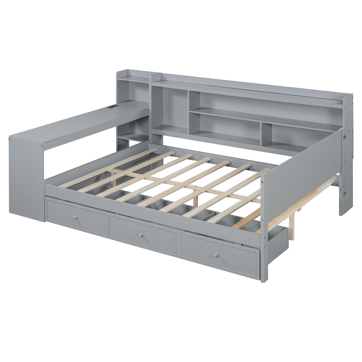 Full Size Wooden Daybed With 3 Drawers, Usb Ports And Deskgray Full Gray Wood