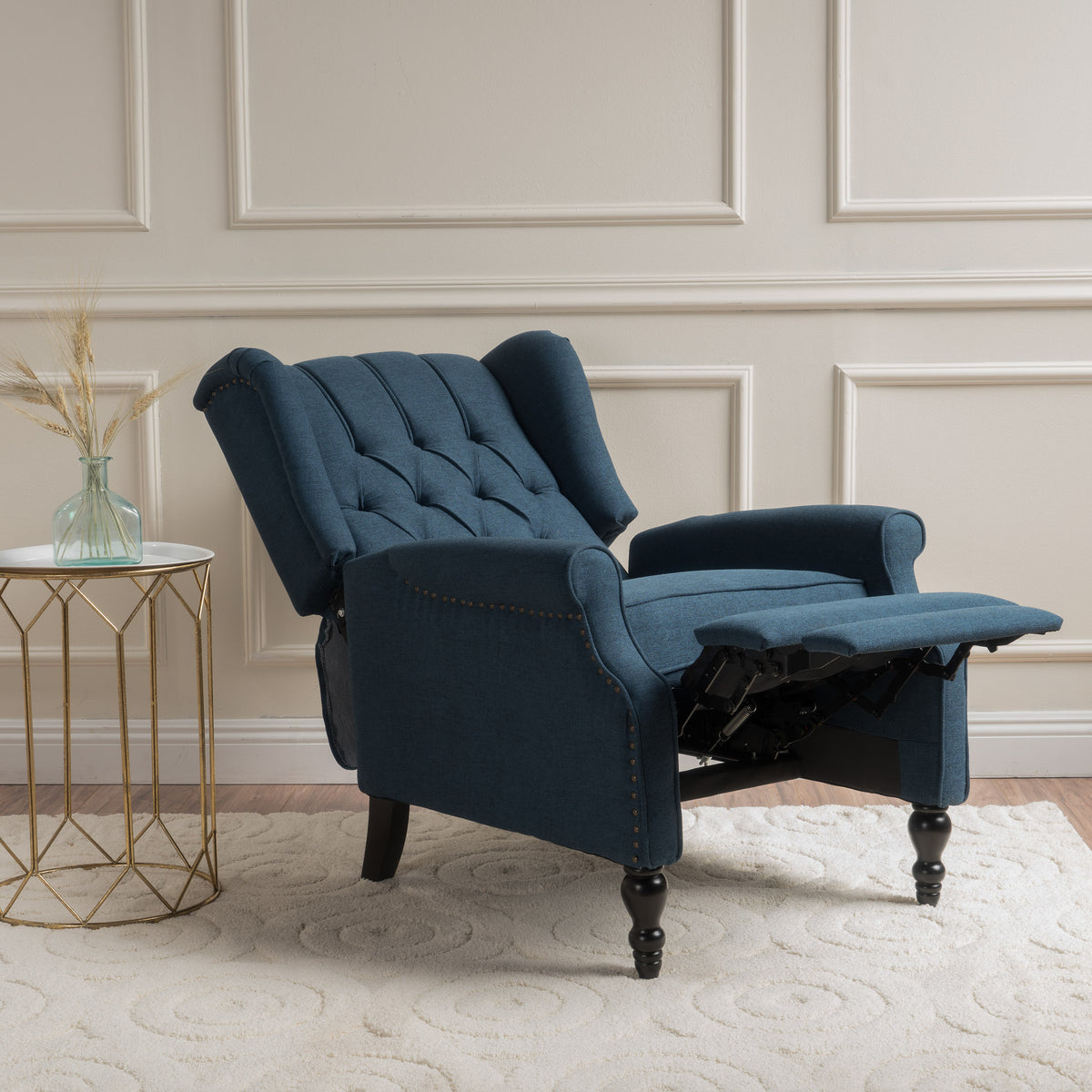 Dark Blue Tufted Fabric Arm Chair Recliner Dark Blue Polyester