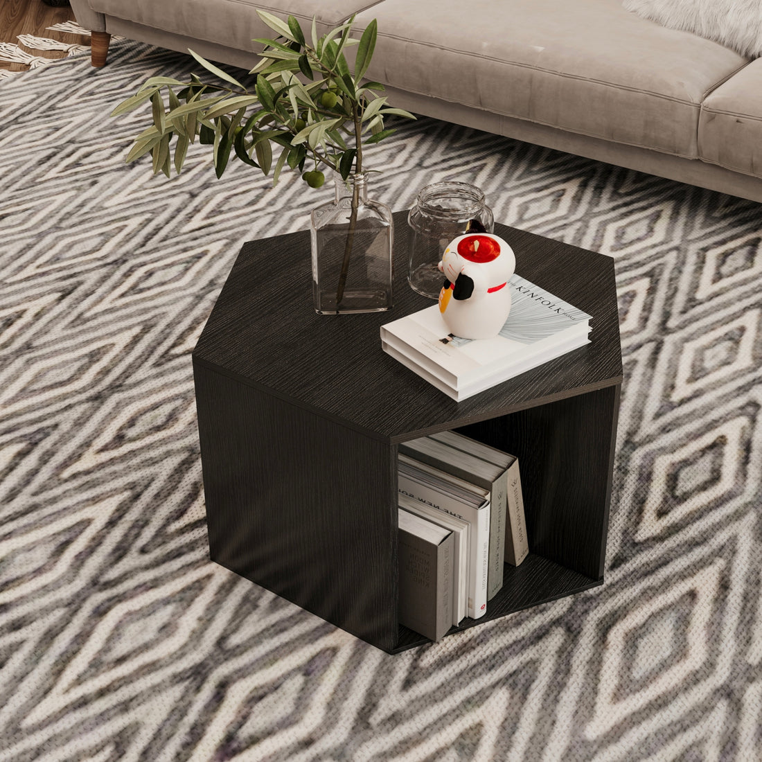 23.62'' Hexagonal Coffee Table Side Table Nightstand Burmese Sumac Black Brown Mdf