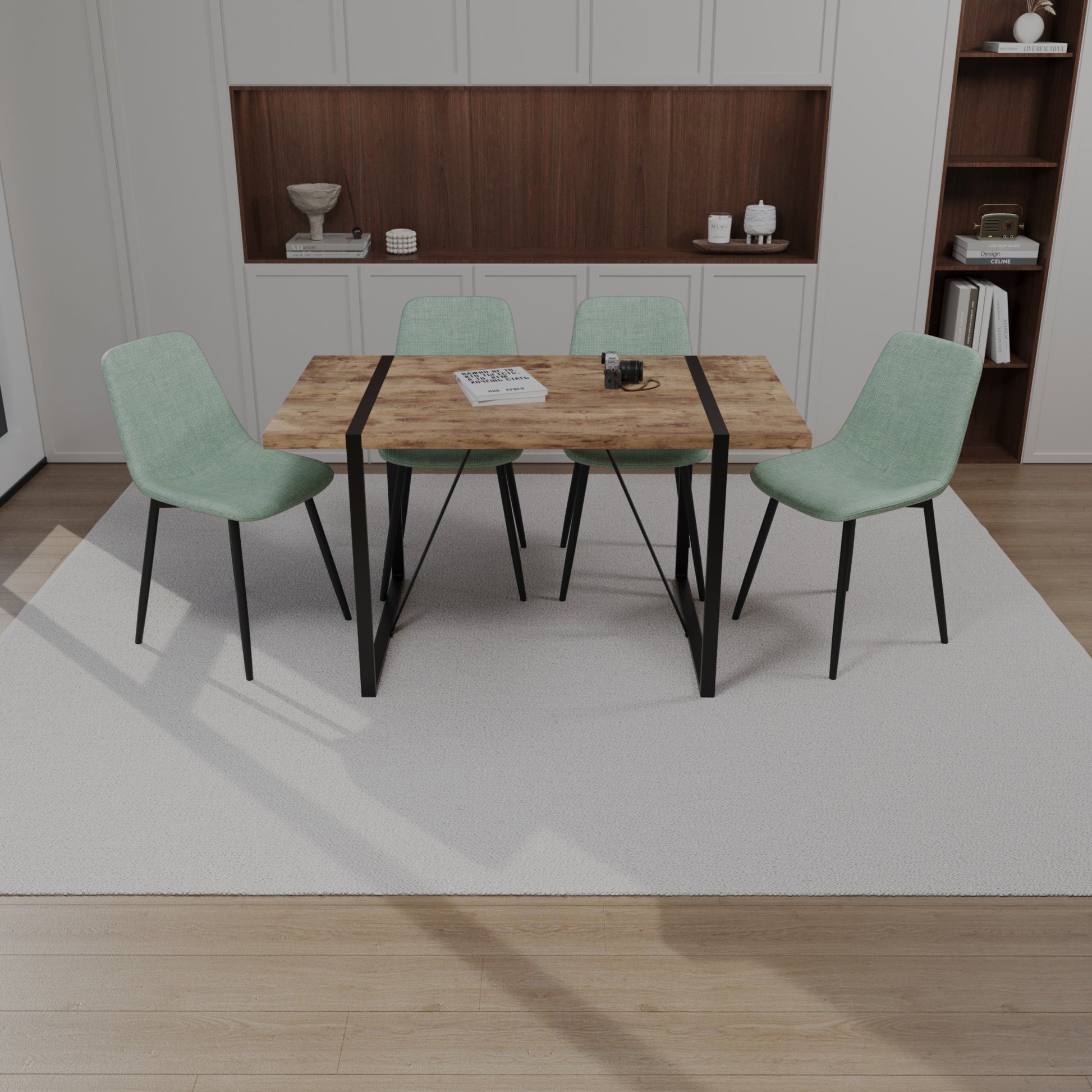 Mdf Dark Wood Dining Table And Modern Dining Chair 4 Piece Set, Medieval Wooden Kitchen Dining Table Set, Rectangular Metal Base, Dining Table And Suede Chair Brown Green Mdf