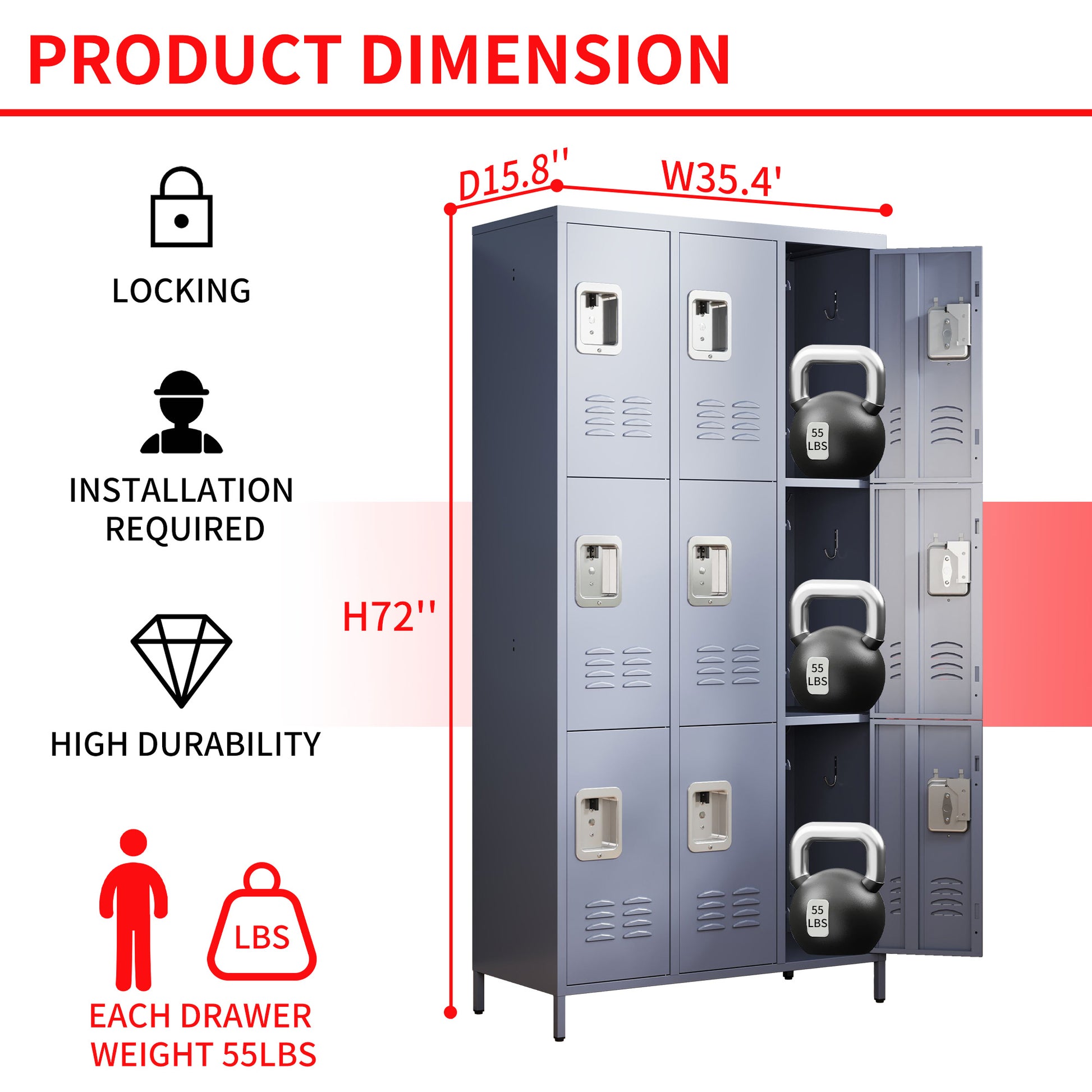 9 Door 72"H Metal Lockers With Lock For Employees,School,Office,Gym,Bedroom,Storage Locker Cabinet,Gray,Assembly Required Gray Gym Modern Metal Metal
