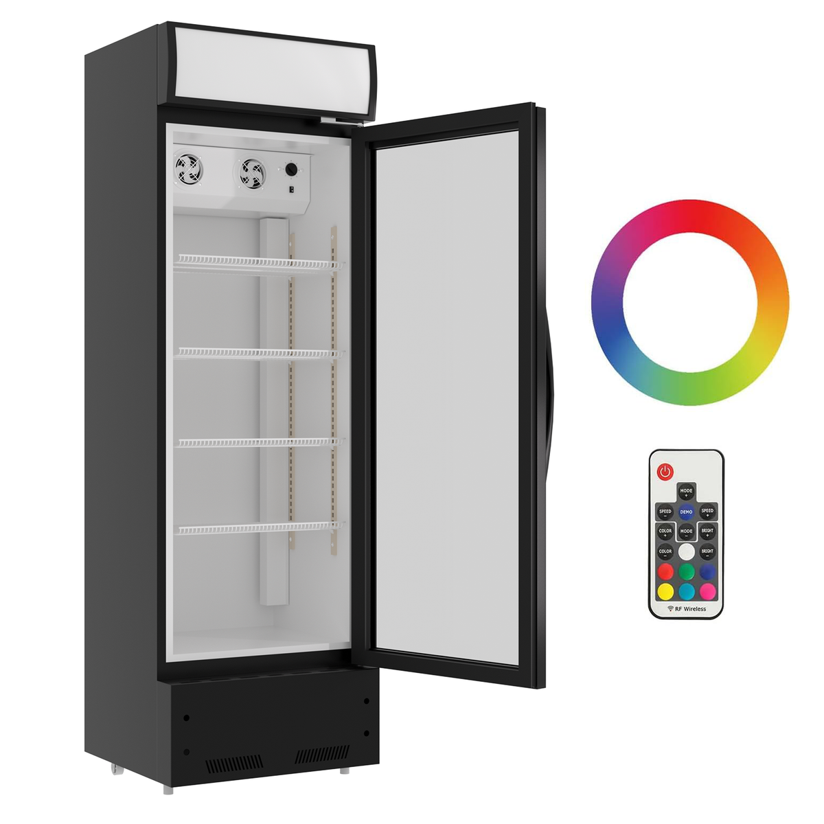 Refrigeration Glass 1 Door Upright Display Beverage Cooler Merchandiser With Led Lighting, 16.5 Cubic Ft., Etl Approved, Black Black Steel