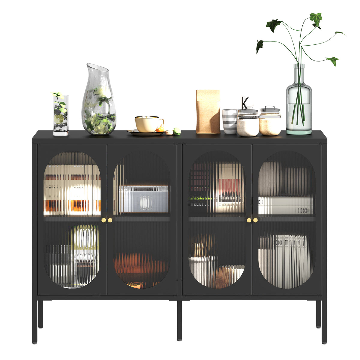 Metal Sideboard Cabinet With 4 Glass Door, Steel Locker Sideboard Buffet Cabinet, Sideboard Buffet Cabinet With 4 Doors, Kitchen Storage Cabinet, Coffee Bar Cabinet For Kitchen, Living Room, Black