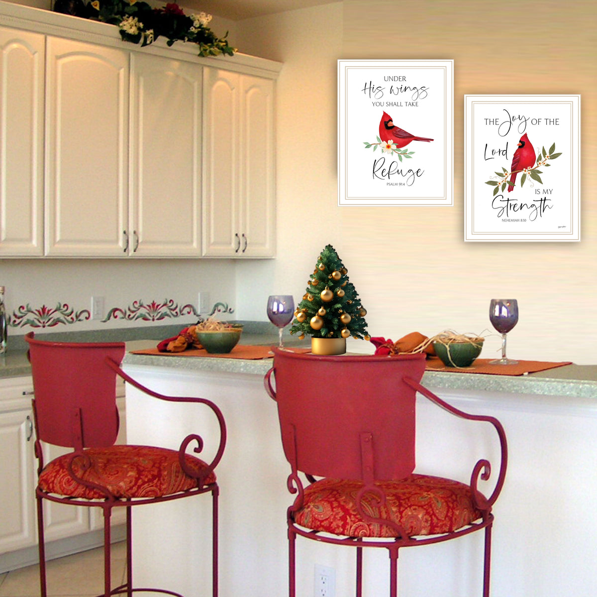 2 Piece Vignette The Lord Is My Strength Red Cardinals White Framed Wall Art For Living Room, Bedroom Wall Art Print For Home Decor By Annie Lapoint Multicolor Wood Paper