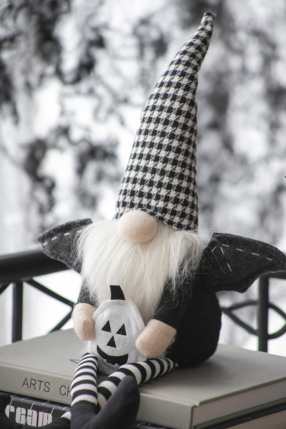 4.3X3.5X23.5" Fabric Sitting Black Gnome With Wings & Black White Plaid Hat, For Halloween Decor Black White Polyester