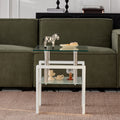 White Tempered Clear Glass End Table, 2 Layers Small Table With Storage, Living Room Side Table Clear Tempered Glass