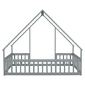 Full Wood House Shaped Floor Bed With Fence, Guardrails,Grey Full Grey American Design Pine