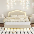 Queen Size Velvet Upholstered Smart Led Bed Frame With Adjustable Height Headboard,No Box Spring Needed,Easy Assembly,Beige Box Spring Not Required Queen Beige Wood Bedroom Cute,Modern Bed Frame Wood