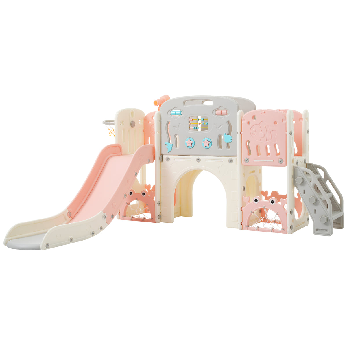 11 In 1 Toddler Slide, Kids Slide For Toddler Age 1 3 With Basketball Hoop, Kids Slide Playset Structure,Arch Tunnel And Telescope, Toy Storage Organizer For Toddlers, Kids Climbers Playground Pink Cute 1 To 2 Years Hdpe Indoor & Outdoor Use