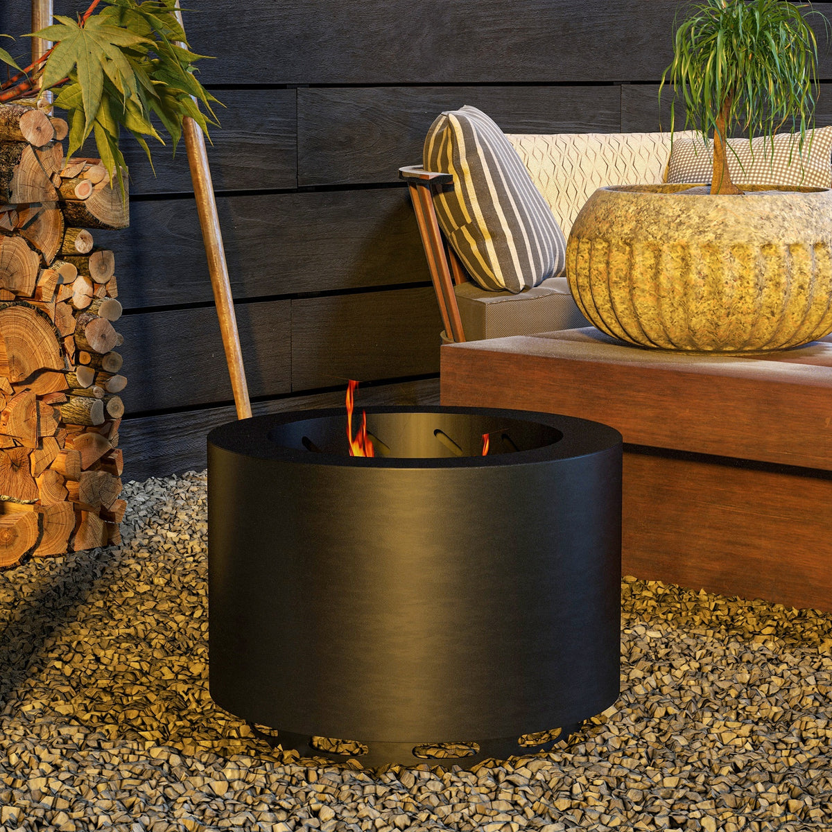 Outsunny Smokeless Fire Pit, 19" Portable Wood Burning Firepit With Poker, Low Smoke Camping Bonfire Stove For Backyard Patio Picnic, Stainless Steel, Black Black Steel
