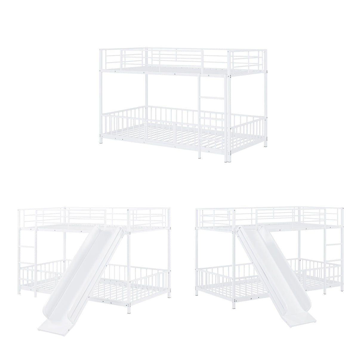 Twin Over Twin Size Metal Bunk Bed With Slide And Guardrails, White Twin White Metal