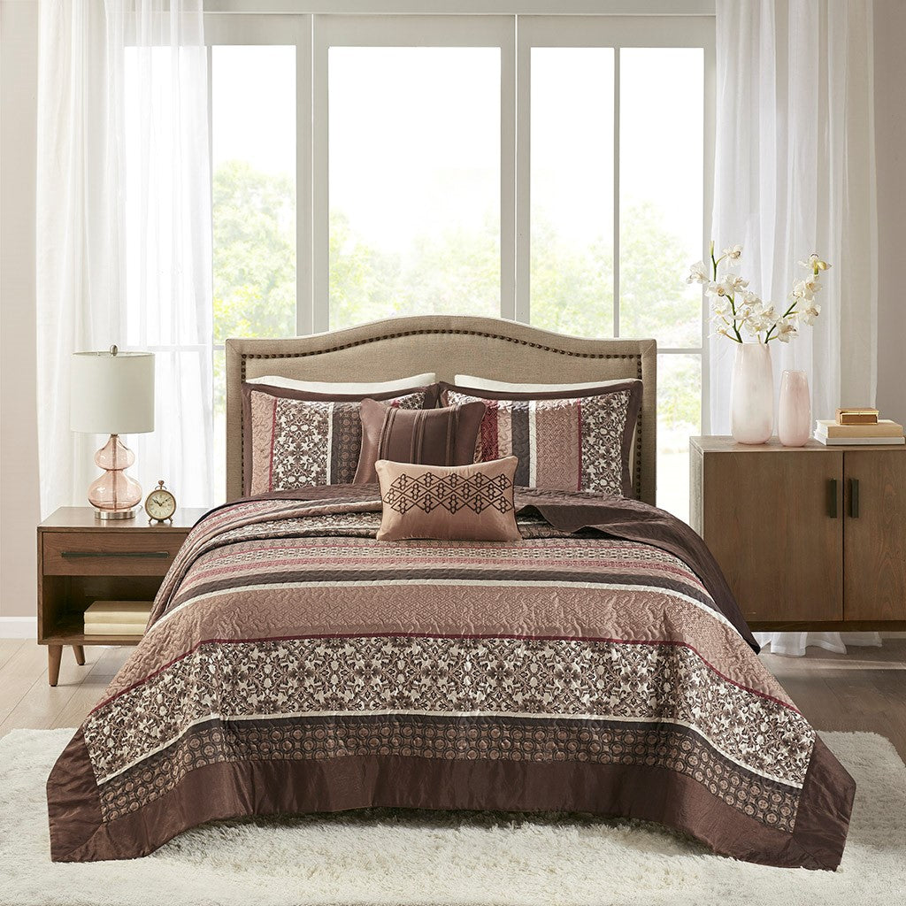 5 Piece Reversible Jacquard Bedspread Set Red King King Red Cotton