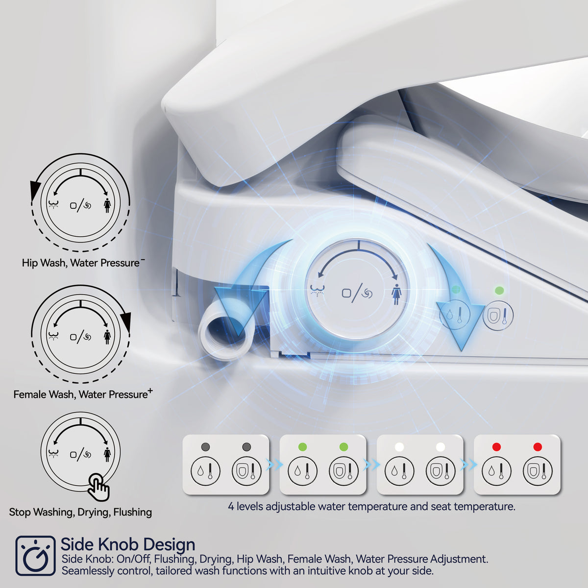 Smart Bidet Toilet Seat With Side Knob Adjustable Heated Seat With Water Temperature And Pressure Adjustment Portable Bidet With Automatic Nozzle Cleaning White Plastic