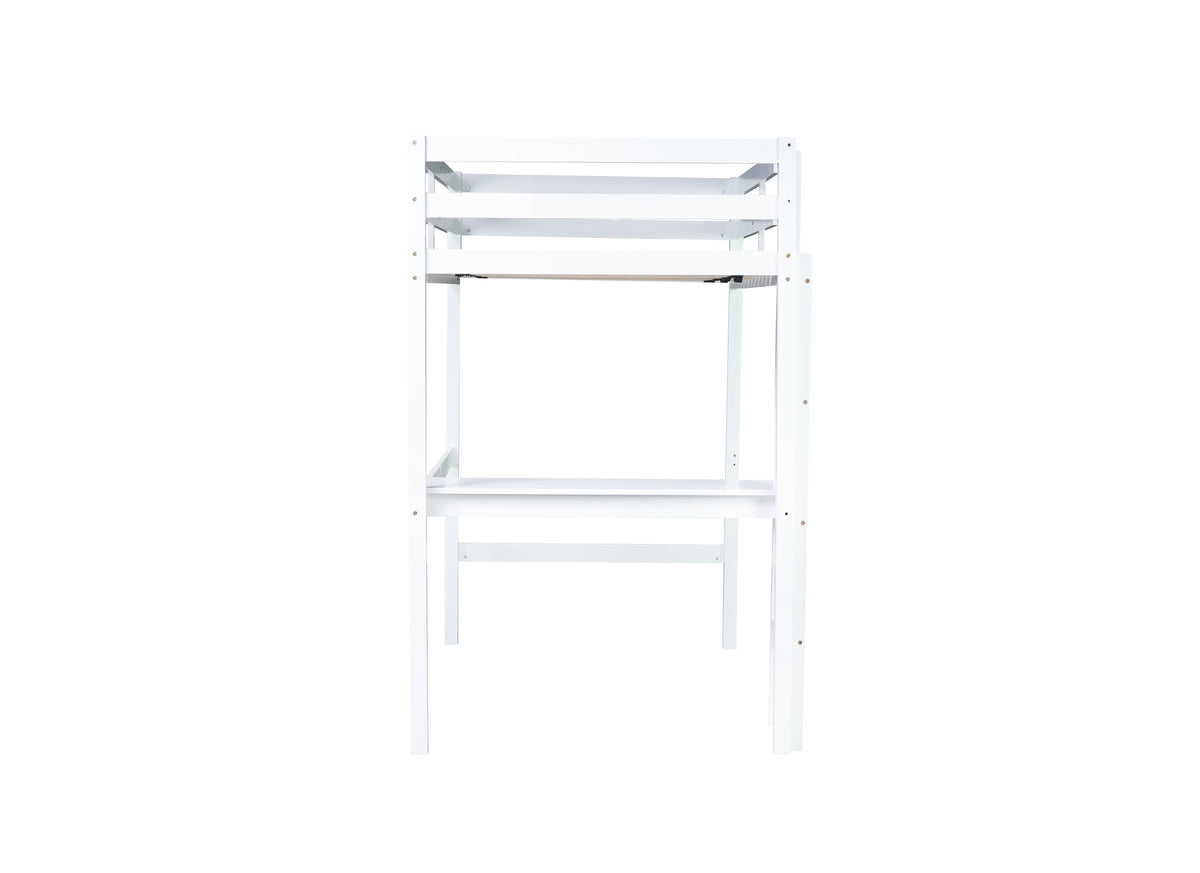 Twin High Loft Bed, Rubber Wood Loft Bed With Safety Guardrail, Built In Desk, Ladder,White Twin White Rubber Wood