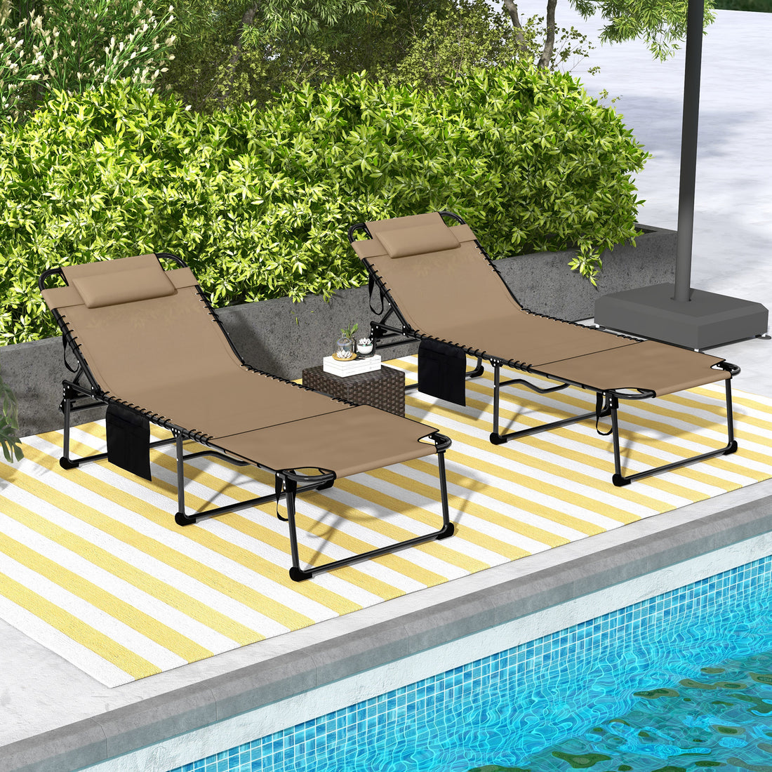 Outsunny 2 Piece Folding Chaise Lounge With 5 Level Reclining Back, Outdoor Tanning Chair With Reading Face Hole, Outdoor Lounge Chair With Side Pocket & Headrest For Beach, Yard, Patio, Beige Beige Steel
