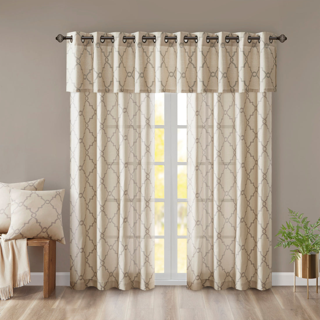 Fretwork Print Grommet Top Window Valance Beige Grey 50X18" Beige Grey Polyester