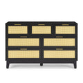 Bedroom 7 Drawer Dresser, Rattan Dresser Modern Wooden Chest Of Drawers With Spacious Storage Space For Bedroom Hallway Living Room Black Solid Wood Mdf