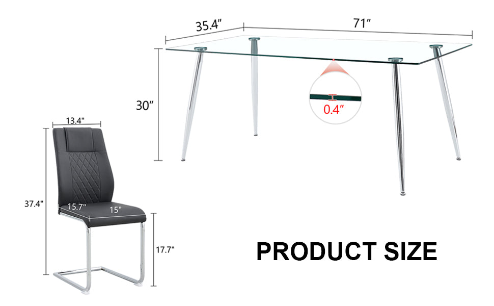 Table And Chair Set.Modern Rectangular Glass Dining Table With A Tempered Glass Tabletop And Silver Metal Legs, Paired With Multiple Chairs Designed With Pu Cushions And Silver Metal Legs. Black Silver Seats 8 Tempered Glass