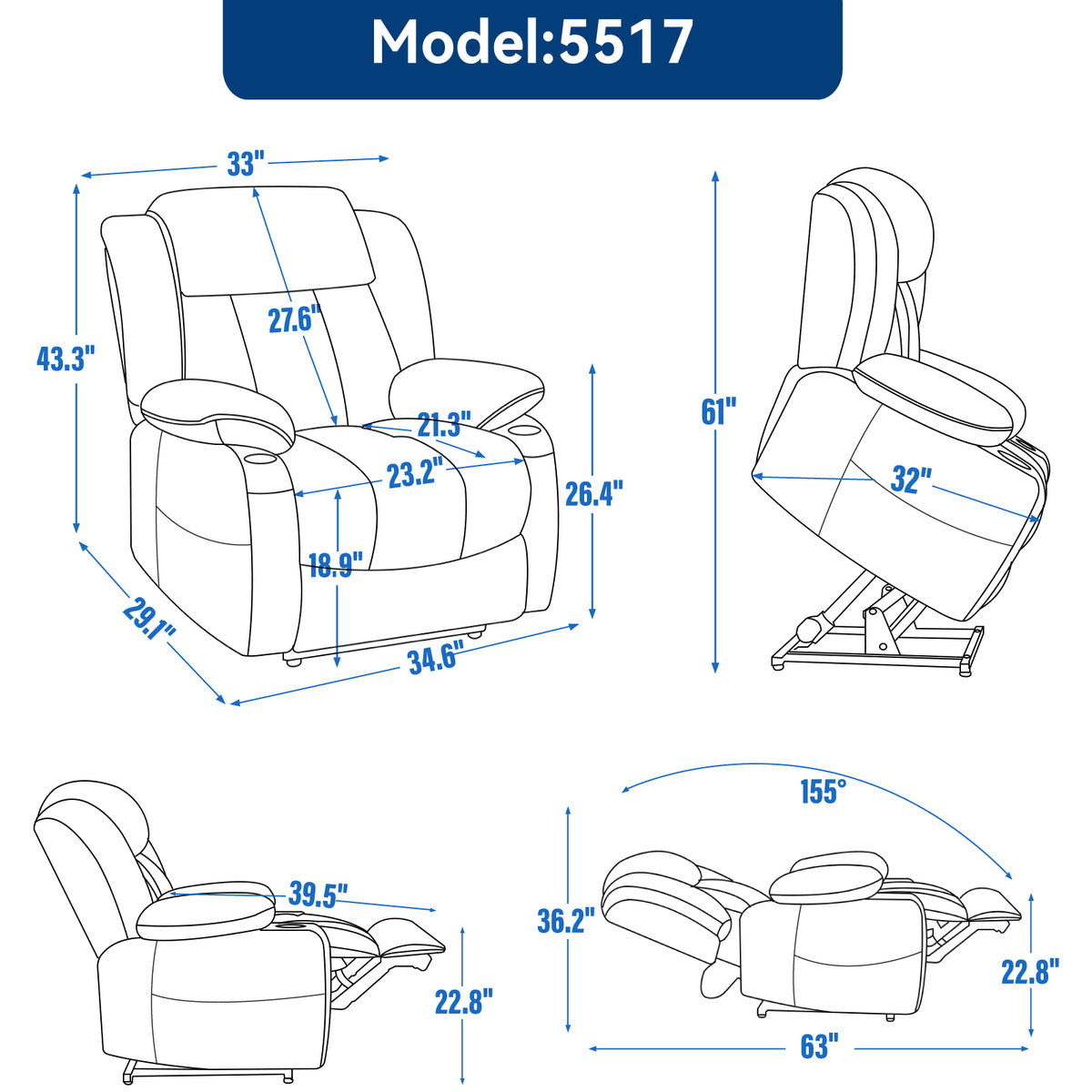Up To 350 Lbs Chenille Power Lift Recliner Chair, Heavy Duty Motion Mechanism With 8 Point Vibration Massage And Lumbar Heating, Usb And Type C Ports, Stainless Steel Cup Holders, Blue White Metal Primary Living Space Heavy Duty Pine Blue Chenille Power