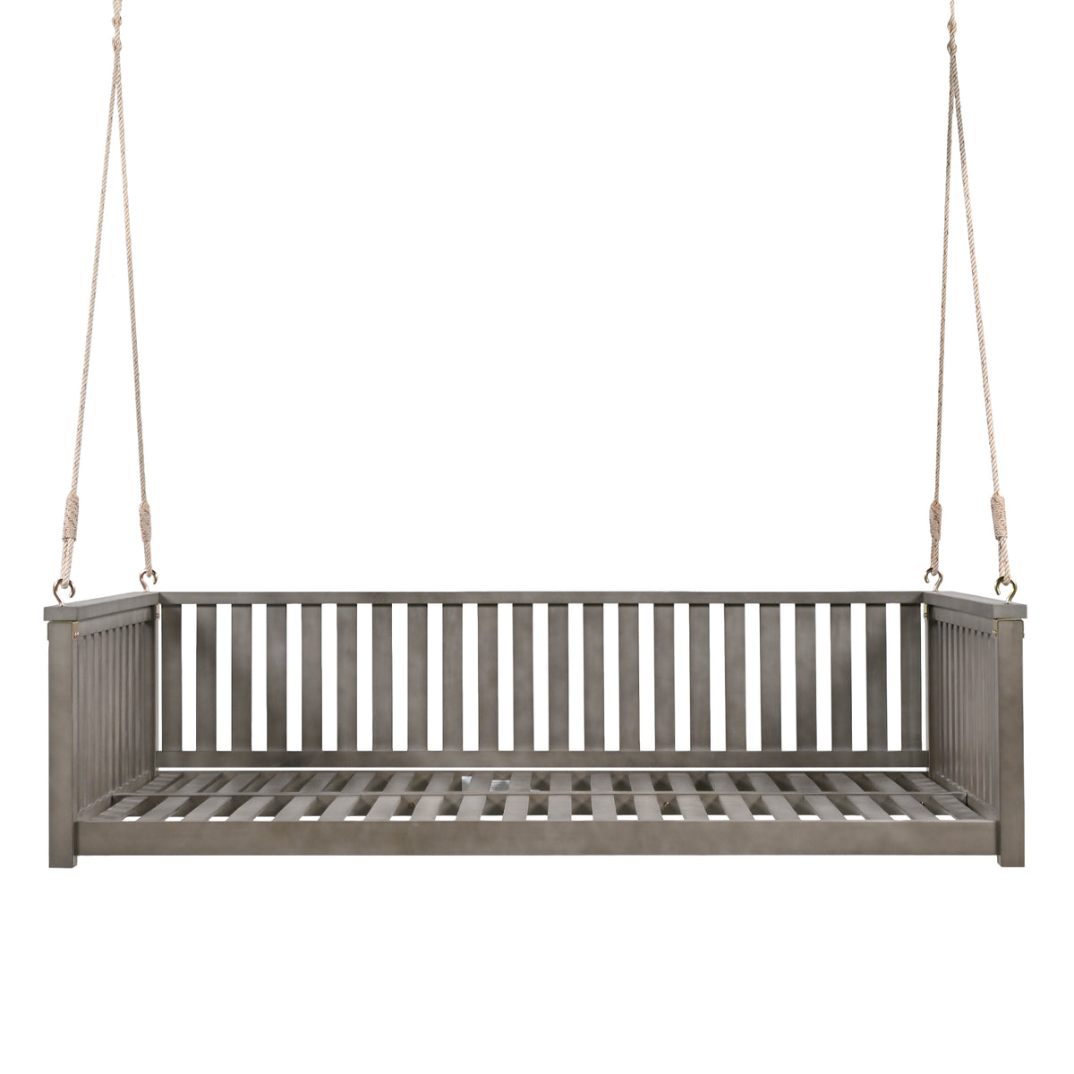 Patio Minimalist Twin Size Garden Swing Bed Wood Porch Swing With Ropes For Backyard, Safe Sloped Design, Gray Gray Weather Resistant Frame Garden & Outdoor Minimalist 2 Person Seating Group Acacia