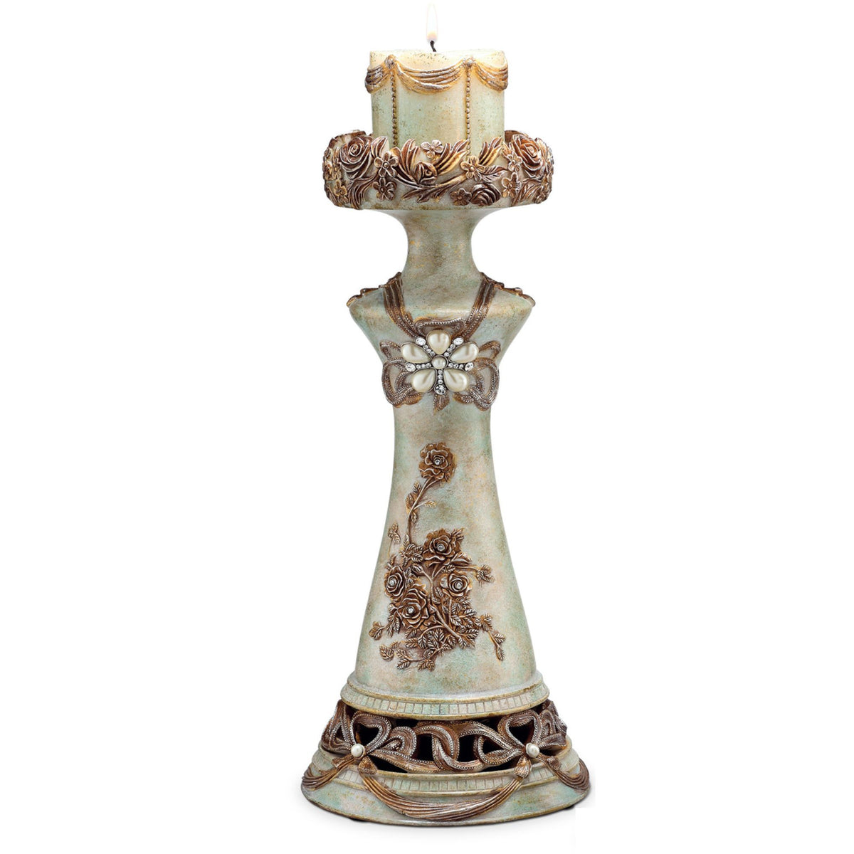 11.75" And 15.5" Polyresin Candleholder, Vintage Rose Design Set Of 2 Beige Polyresin