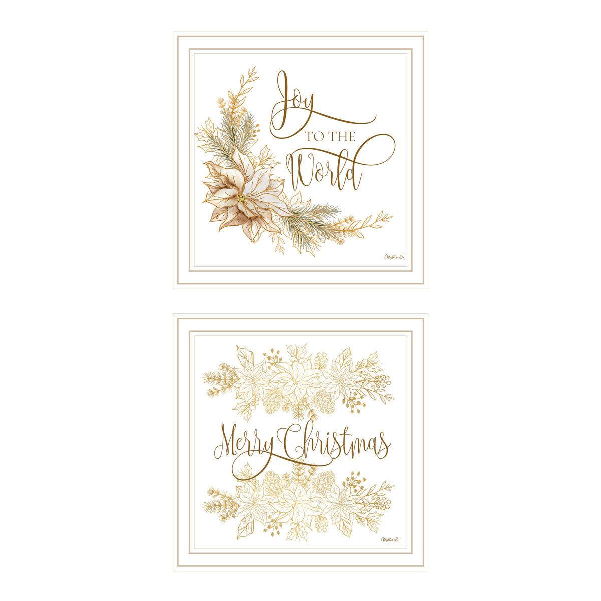 2 Piece Vignette Golden Merry Christmas White Framed Wall Art For Living Room, Bedroom Wall Art Print For Home Decor By Mollie B Multicolor Wood Paper