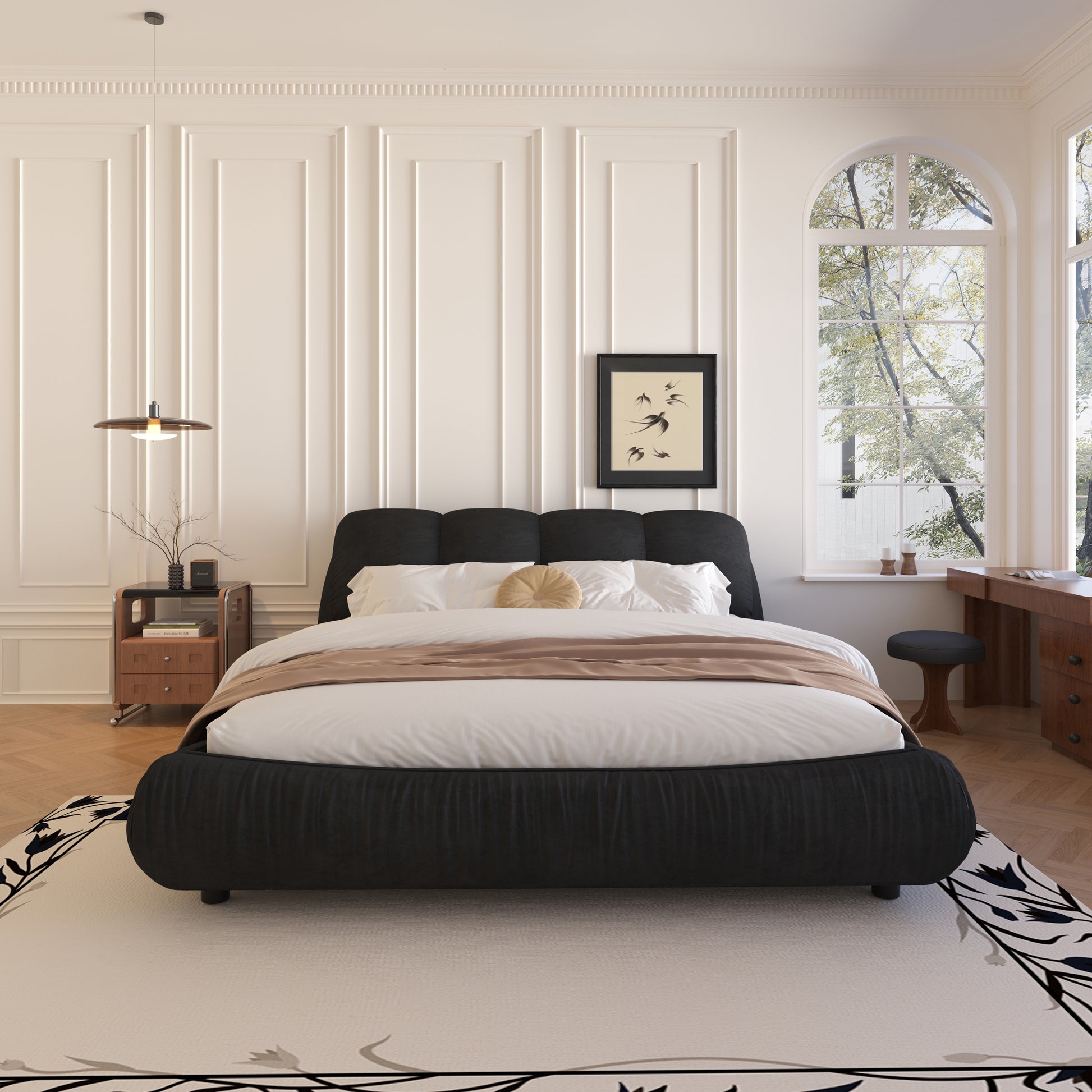 King Size Upholstered Platform Bed With Oversized Padded Backrest, Thickening Pinewooden Slats And Solid Wood Leg,Black Box Spring Not Required King Black Wood Pine Polyester Solid Wood