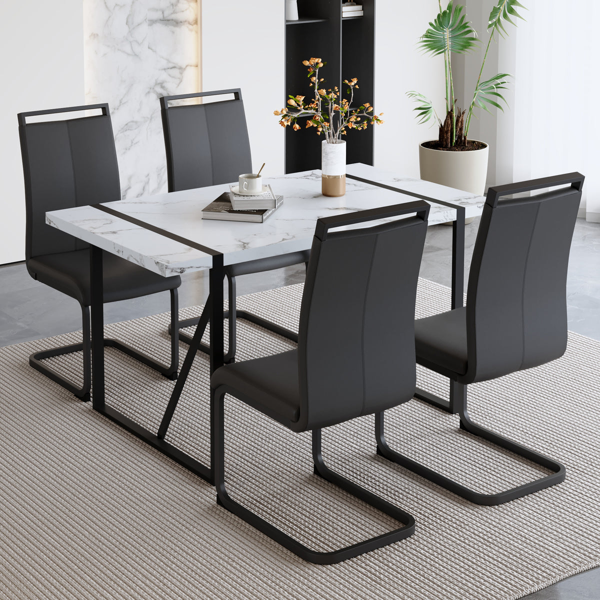 Table And Chair Set.A Modern Minimalist White Marble Veined Mdf Dining Table With Black Metal Frame.Paried With 4 Chairs With Pu Cushions And C Tube Black Metal Legs. White Black Seats 4 Mdf Metal