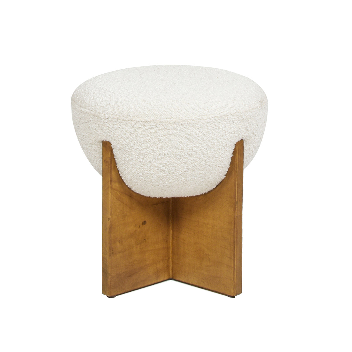 Bali 18.5" Round Upholstered Ottoman With Natural Wood Base, Ivory White Boucle White Foam Boucle