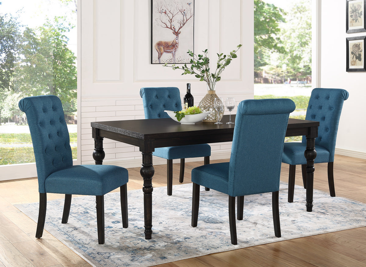 Leviton Urban Style Wood Dark Wash Turned Leg Dining Set: Table And 4 Chairs, Blue Wood Black Seats 4 Wood Dining Room Fixed Table Rubberwood Rectangular 4 Leg Rectangular Dining Table With Chair Mdf