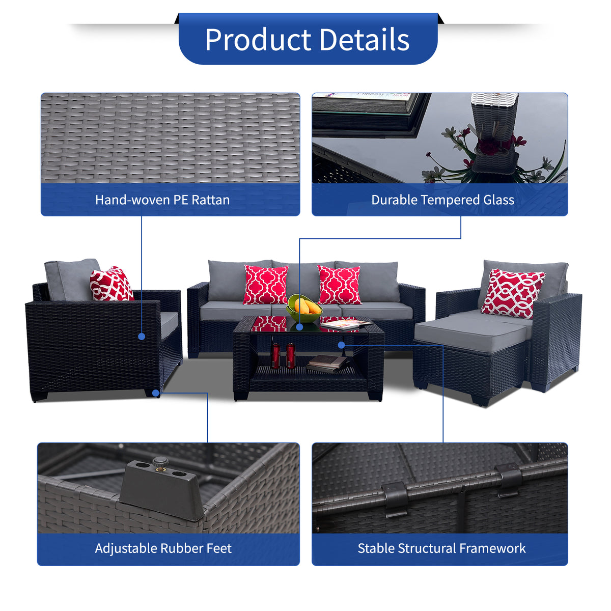 Outdoor Garden Patio Furniture 7 Piece Pe Rattan Wicker Cushioned Sofa Sets And Coffee Table, Patio Furniture Set Outdoor Couch Outdoor Couch Patio Furniture Outdoor Sofa Patio Couch Yes Complete Patio Set Gray Seats 6 Weather Resistant Frame Water