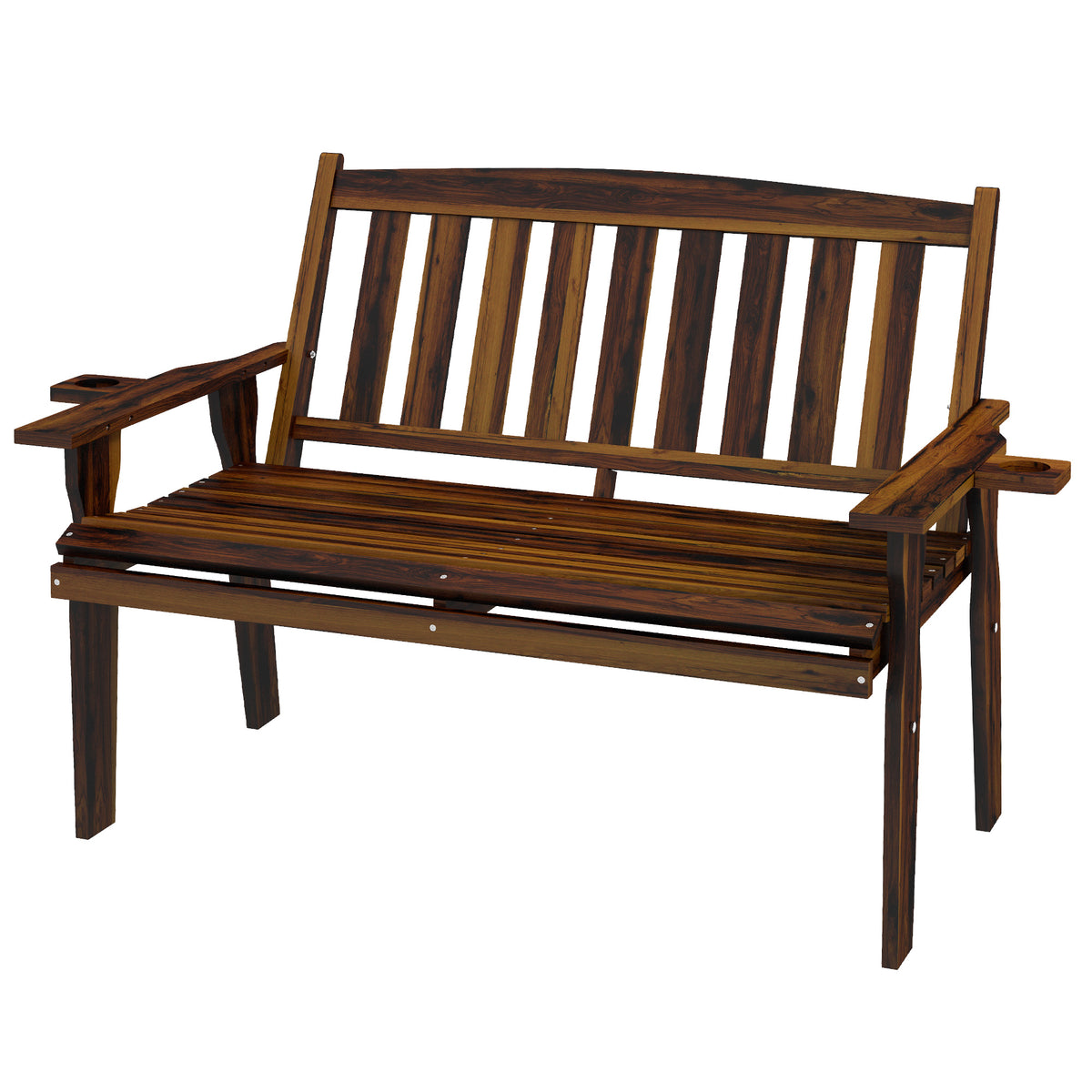 Outsunny Wood Outdoor Bench, 2 Person Garden Bench With Cupholder Armrests, Slatted Seat And Backrest, Park Bench For Patio, Porch, Lawn, Deck, Carbonized Black Brown Wood