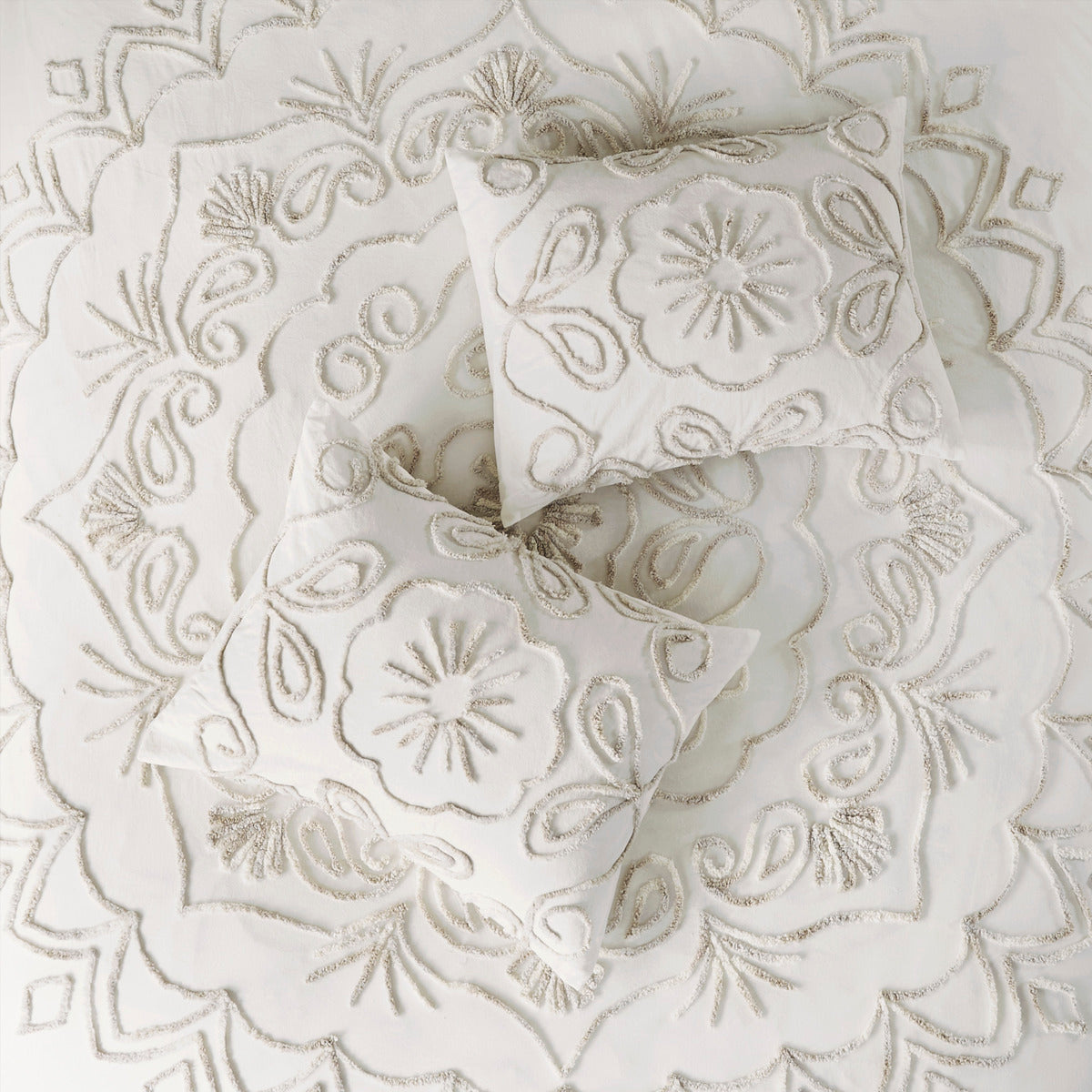 3 Piece Tufted Cotton Chenille Coverlet Set Ivory Taupe Full Queen Ivory Taupe Cotton