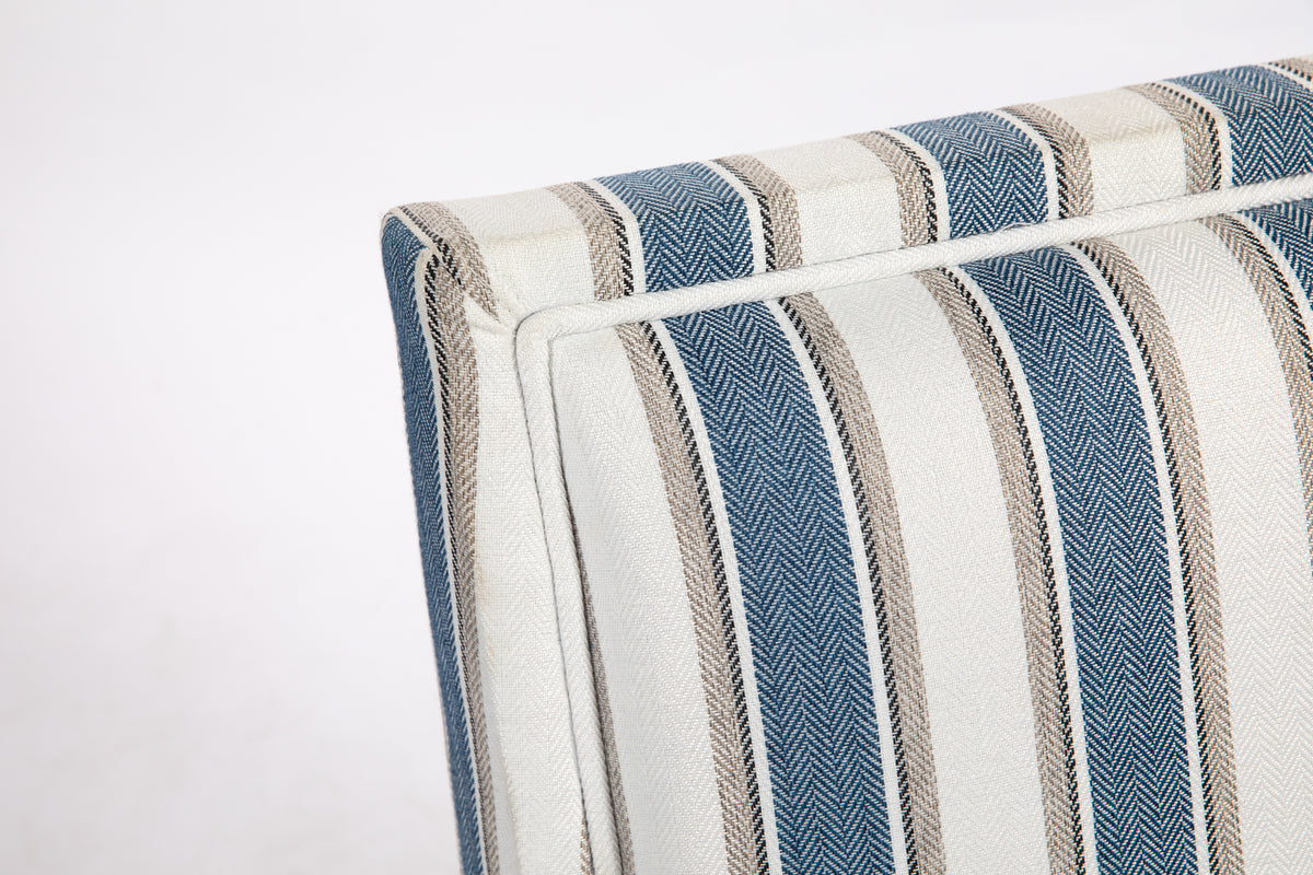 Upholstered Accent Chair, Vintage Armchair With Blue And White Striped Linen Fabric And Trim For Living Room Blue Cotton