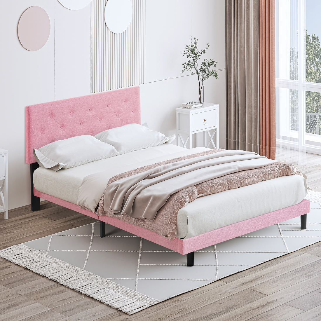 Queen Size Upholstered Platform Bed Frame With Modern Button Tufted Linen Fabric Headboard, No Box Spring Needed, Wood Slat Support, Easy Assembly, Pink Queen Pink Linen