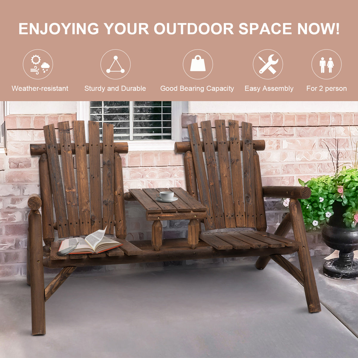 Outsunny 2 Seat Wooden Adirondack Chair, Patio Bench With Table, Outdoor Loveseat Fire Pit Chair For Porch, Backyard, Deck, Carbonized Brown Wood