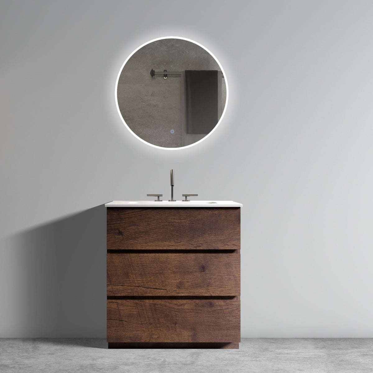 Tia 30" Walnut Bathroom Vanity With Sink With 3 Faucet Holes, Large Storage Freestanding Bathroom Vanity For Modern Bathroom, One Piece White Sink Basin Without Drain And Faucet, Pre Assemble White