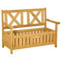 Outsunny Patio Wooden Bench With Storage Box, 29 Gallon Outdoor Storage Bench, Large Entryway Deck Box W Unique X Shape Back, For Deck, Porch & Balcony, Yellow Yellow Wood