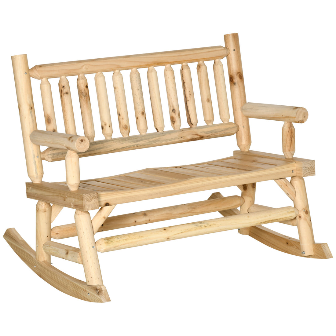 Outsunny 2 Person Wood Rocking Chair With Log Design, Heavy Duty Loveseat With Wide Curved Seats For Patio, Backyard, Garden, Natural Natural Wood Wood