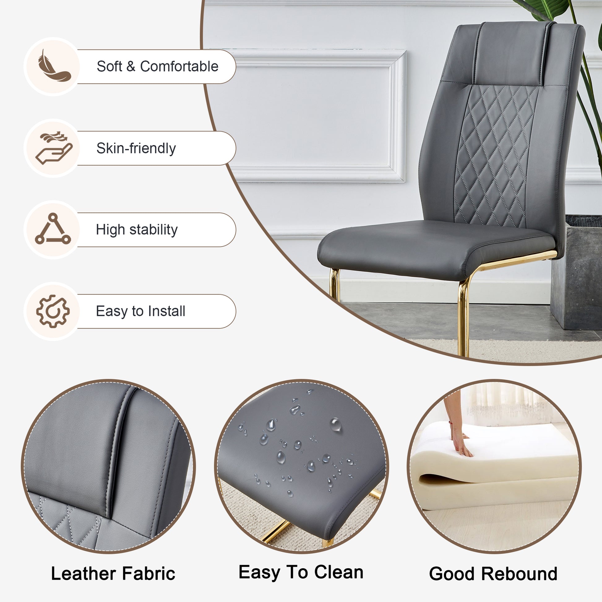 Table And Chair Set.The Table Has A Glass Tabletop With Imitation Marble Pattern Stickers And Stainless Steel Golden Table Legs. Paried With Comfortable Chairs With Pu Seats And Metal Legs. White Gold Seats 6 Glass Metal